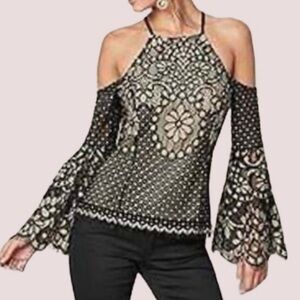 Venus Lace Cold Shoulder Bell Sleeve Floral Black Cream Size 10 Blouse